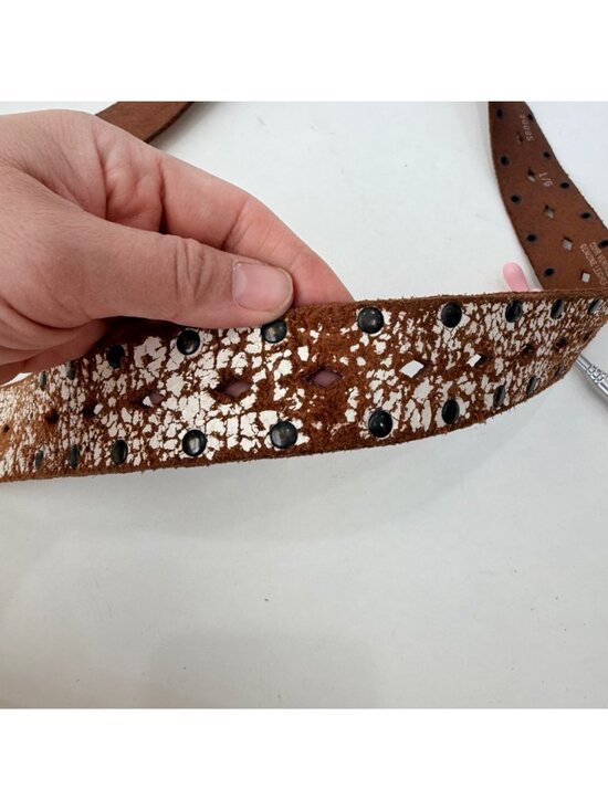 Aldo Y2K Western Boho Distressed Leather Belt Rhinestone Buckle Studded Brown main image 8